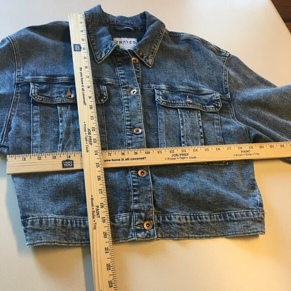 Frayed Jeans Cropped Denim Jacket Large Pleated Distressing Grunge Stone Wash - Picture 6 of 11